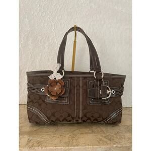 Vtg COACH large dark brown canvas/leather hobo soho baguette bag tote 05089